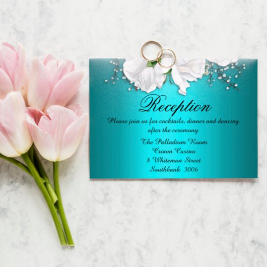 Carte D'accompagnement Boho Blanc Rose Metallic Aqua Réception de mariage