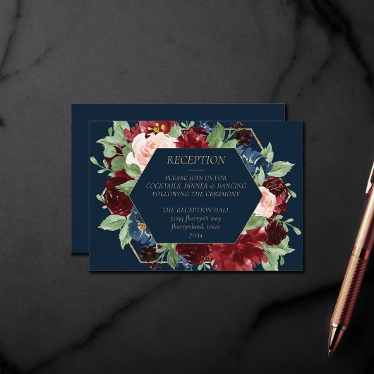 Carte D'accompagnement Boho Blooms | Dark Navy et réception Bourgogne
