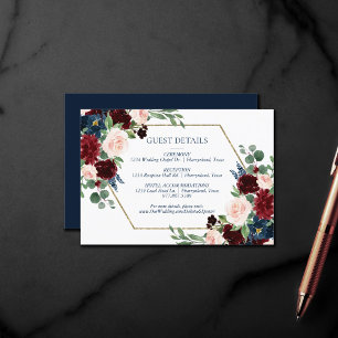 Carte D'accompagnement Boho Blooms   Rustic Navy et Burgundy Guest Info