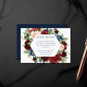 Carte D'accompagnement Boho Blooms   Rustic Navy et Burgundy Hotel Info