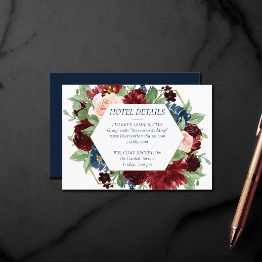 Carte D'accompagnement Boho Blooms | Rustic Navy et Burgundy Hotel Info