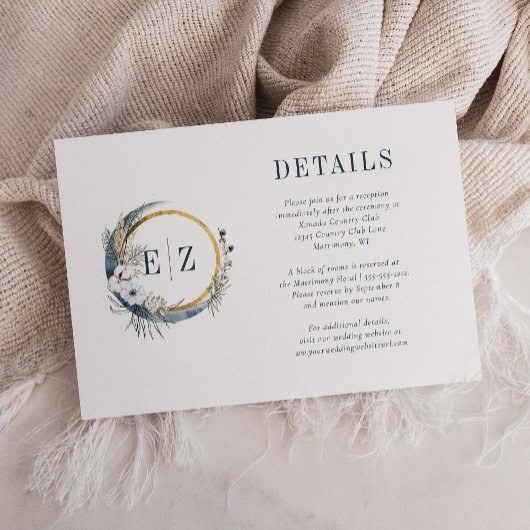 Carte D'accompagnement Boho Blue Moon Floral Monogramme Détails de la cou