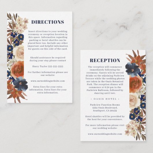 Carte D'accompagnement Boho Blue Rust Floral Reception Directions Mariage (Devant / Derrière)