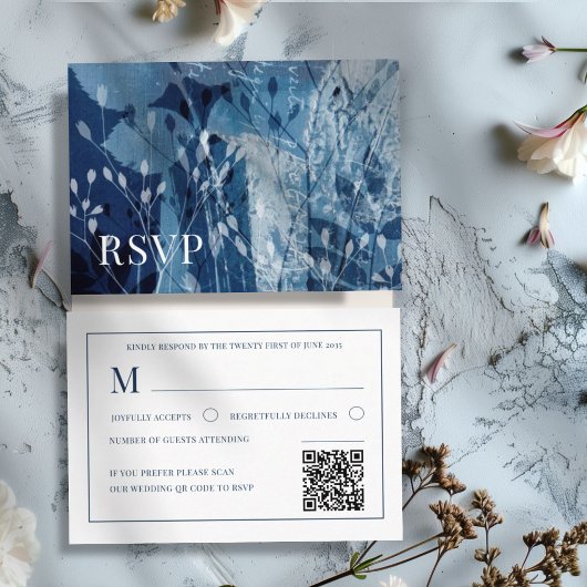 Carte D'accompagnement Boho Botanical Blue & White Wedding RSVP