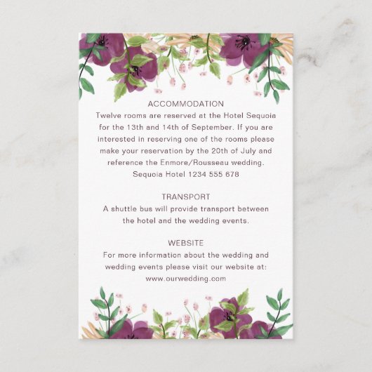 Carte D'accompagnement Boho burgundy floral mariages informations invités (Devant)