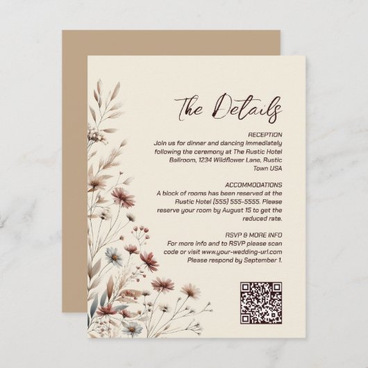 Carte D'accompagnement Boho Chic Fleur sauvage QR Code Détails du Mariage (Devant / Derrière)