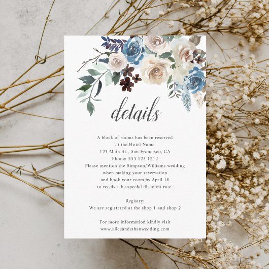 Carte D'accompagnement Boho Dusty Blue Beige Fleurs Mariage Détails