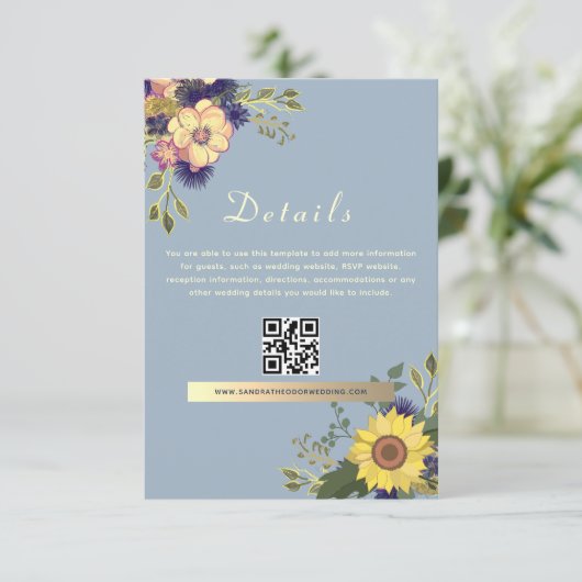 Carte D'accompagnement Boho Dusty Blue Détails du Mariage QR Code (Debout devant)