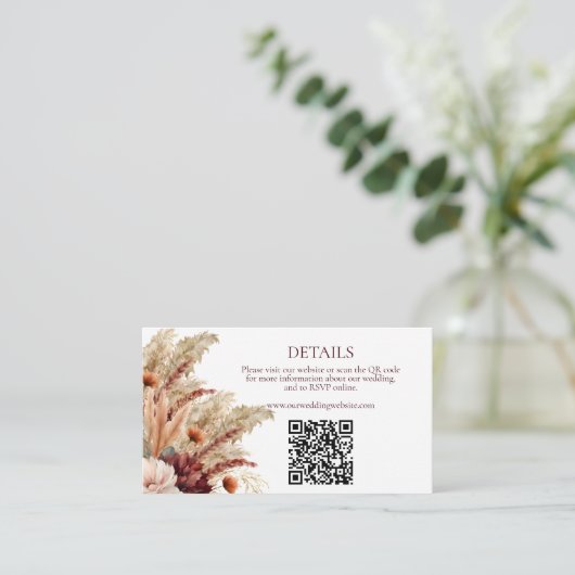Carte D'accompagnement Boho Fall Florals Pampas Grass Détails Mariage QR (Debout devant)