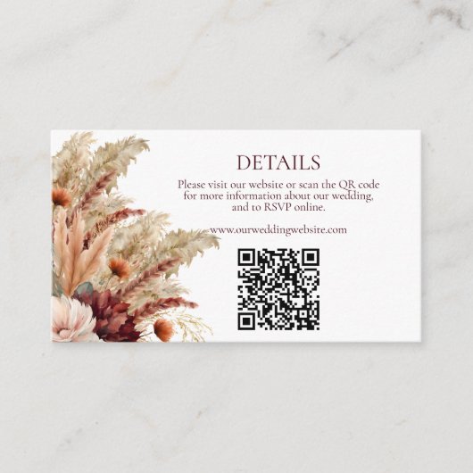 Carte D'accompagnement Boho Fall Florals Pampas Grass Détails Mariage QR (Devant)