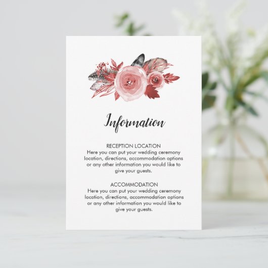 Carte D'accompagnement Boho Feather Bourgogne Rose Informations sur le Ma (Debout devant)