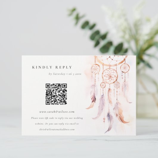 Carte D'accompagnement Boho Feather Dreamcatcher Wedding RSVP QR Code (Debout devant)