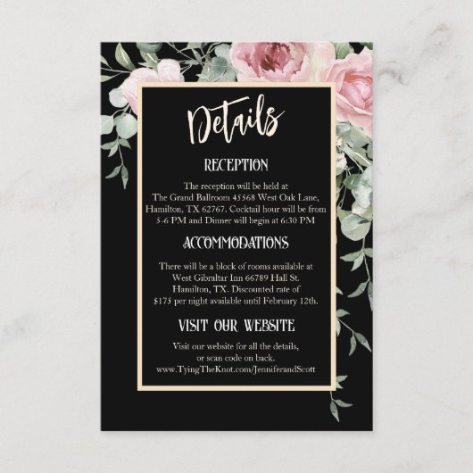 Carte D'accompagnement Boho floral noir et rose Détails du Mariage (Devant)