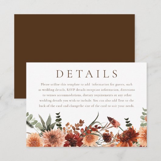 Carte D'accompagnement Boho Floral Terracotta Détails du Mariage (Devant / Derrière)