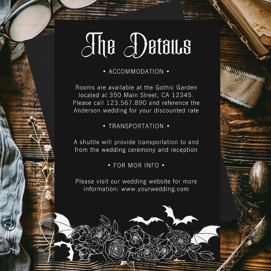 Carte D'accompagnement Boho gothique Botanique Noir Détails du Mariage
