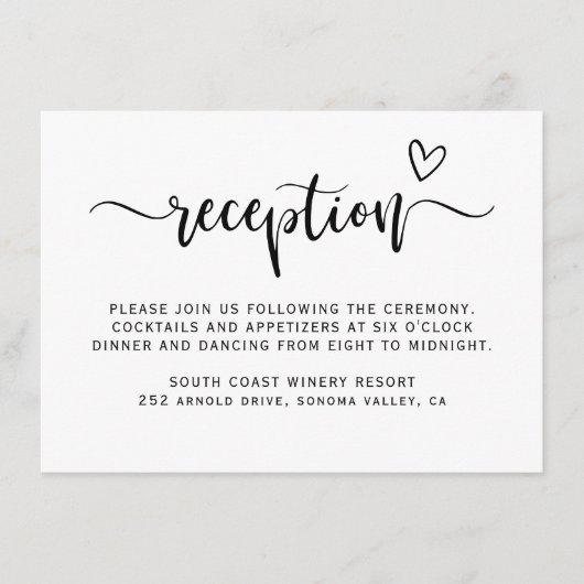 Carte D'accompagnement Boho Heart Script Noir Blanc Mariage Réception (Devant)