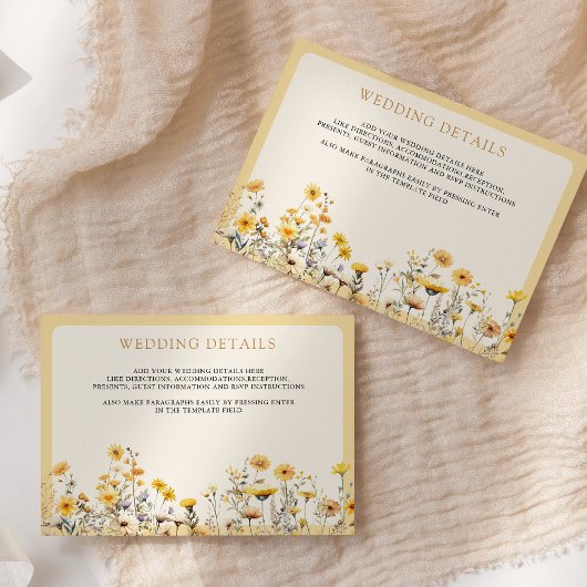 Carte D'accompagnement Boho jaune Fleur sauvage Floral Détails du Mariage