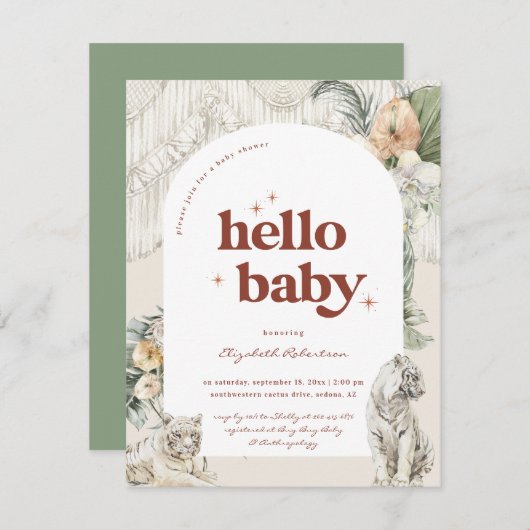 Carte D'accompagnement Boho Macrame Tiger Vert | BABY SHOWER (Devant / Derrière)