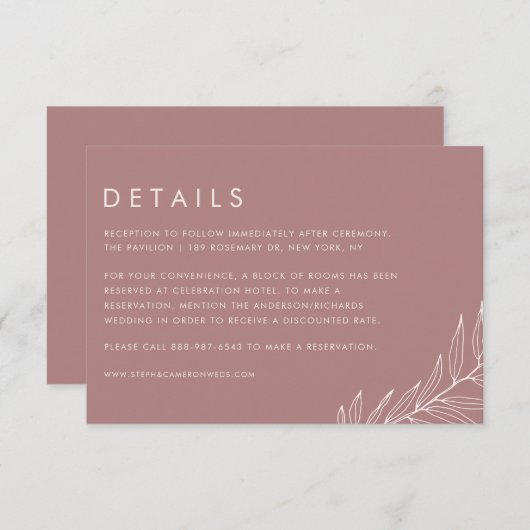 Carte D'accompagnement Boho Mauve Minimalist Foliage Détails du Mariage (Devant / Derrière)