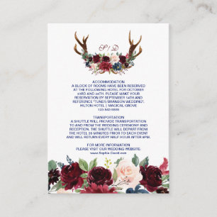 Carte D'accompagnement Boho Merlot Navy Floral Antlers Détails du Mariage