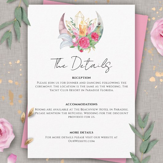 Carte D'accompagnement Boho Moon Crystals Plumes rose Fleurs Mariage