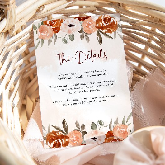 Carte D'accompagnement Boho orange rustique | Détails du Mariage aquarell