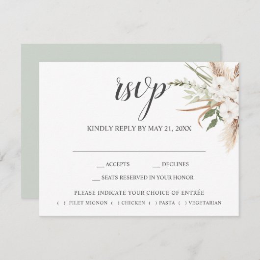 Carte D'accompagnement Boho Pampa Grass Feuilles mariage RSVP Enclôture v (Devant / Derrière)