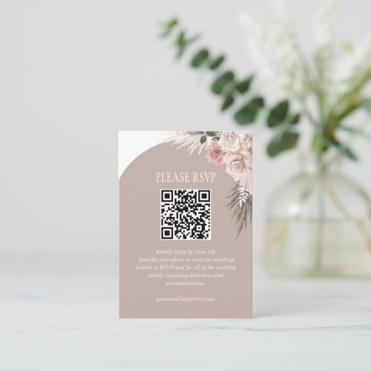 Carte D'accompagnement Boho Pampas Grass Beige Mariage Website QR Code (Debout devant)