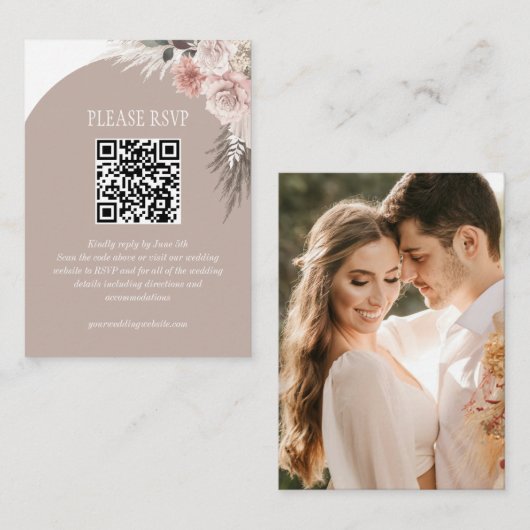 Carte D'accompagnement Boho Pampas Grass Beige Mariage Website QR Code (Devant / Derrière)