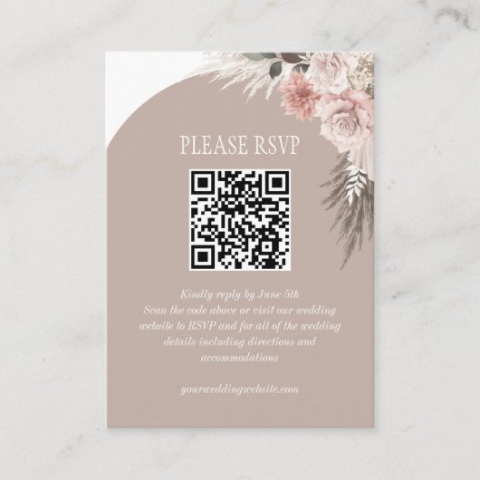 Carte D'accompagnement Boho Pampas Grass Beige Mariage Website QR Code (Devant)