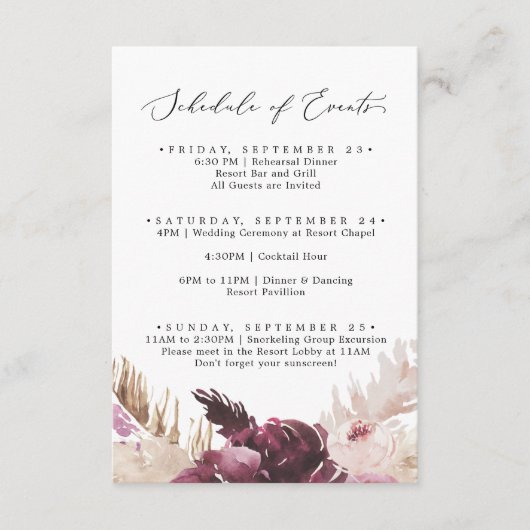 Carte D'accompagnement Boho Pampas Mariage Week-end Calendrier des événem (Devant)