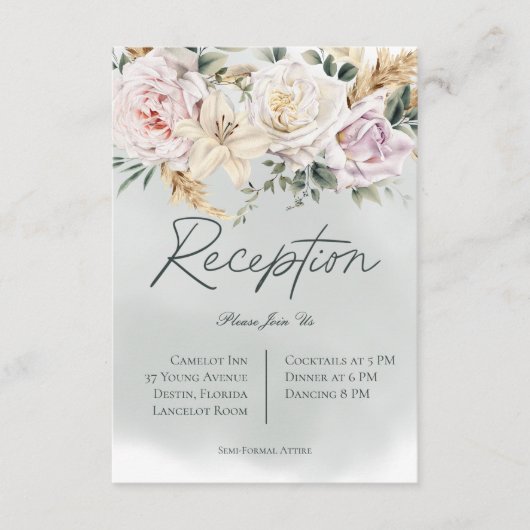 Carte D'accompagnement Boho Pampas & Roses Rose Mariage de réception vert (Devant)
