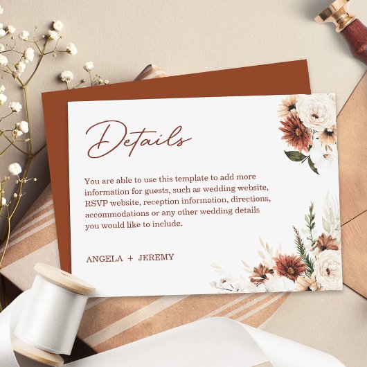 Carte D'accompagnement Boho Pampas Terracotta Floral Détails du Mariage