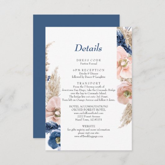 Carte D'accompagnement Boho pastel bleu & brush choral Mariage (Devant / Derrière)