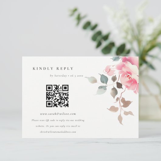 Carte D'accompagnement Boho Red Rose Fleurs Mariage QR Code RSVP (Debout devant)
