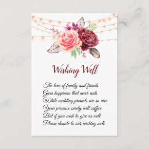 Carte D'accompagnement Boho Roses plumes lumières Mariage Wishing well