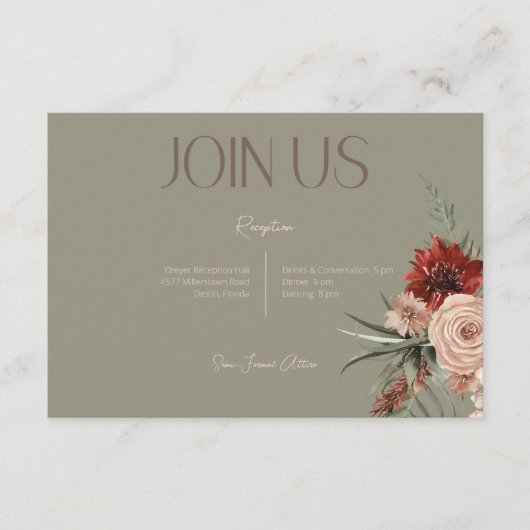 Carte D'accompagnement Boho Rust & Crème Fall Floral Sage Green Réception (Devant)