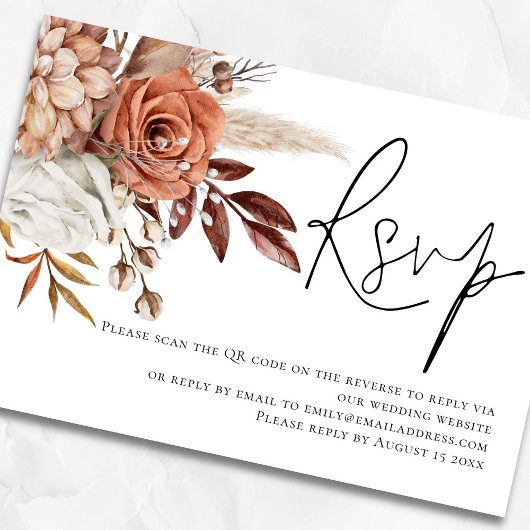 Carte D'accompagnement Boho Rust Florals Script QR Code Mariage RSVP
