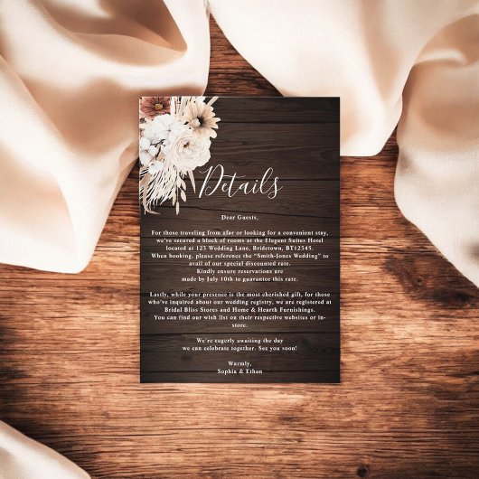 Carte D'accompagnement Boho Rustic Wood Fall Flowers Détails du Mariage