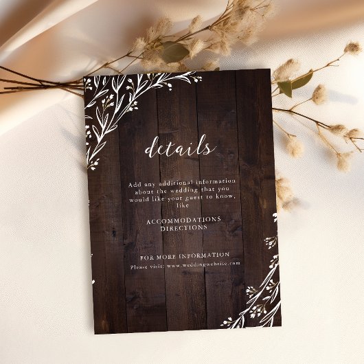 Carte D'accompagnement Boho Rustique Détails du Mariage campagnard Floral
