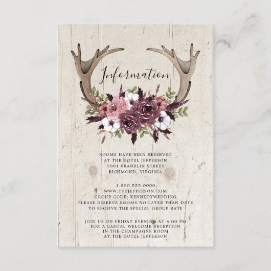 Carte D'accompagnement Boho Rustique Floral Antlers Mariage bois (Devant)