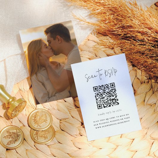 Carte D'accompagnement Boho Script Moderne Code QR Photo RSVP Mariage
