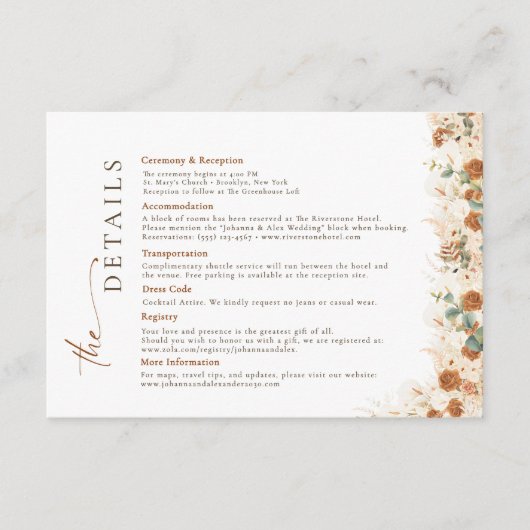 Carte D'accompagnement Boho Terracotta Floral Détails du Mariage (Devant)