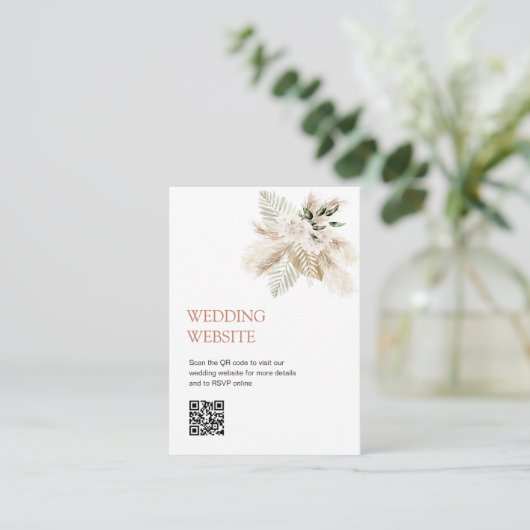 Carte D'accompagnement Boho verdure pampas herbe code QR site mariage (Debout devant)
