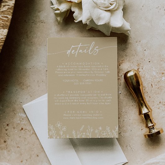 Carte D'accompagnement Boho Warm Beige Wildflower Wedding Details 