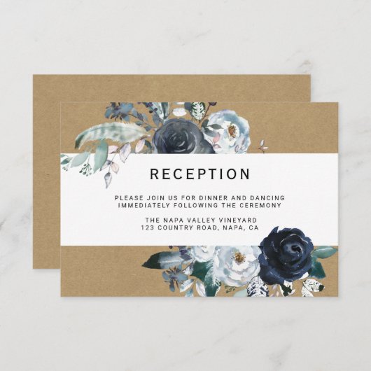Carte D'accompagnement Boho White Navy Peony Kraft Réception de mariage (Devant / Derrière)