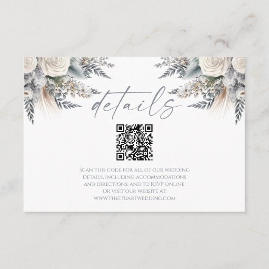 Carte D'accompagnement Boho White Rose Floral QR Code Détails du Mariage (Devant)