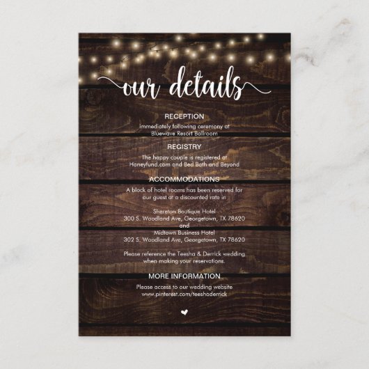 Carte D'accompagnement Bois de ferme rustique, Lumières à cordes, Détails (Devant)