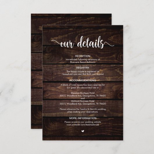 Carte D'accompagnement Bois de ferme rustique, Script blanc, Détails du M (Devant / Derrière)