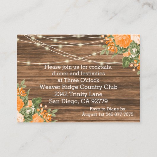 Carte D'accompagnement Bois, lanternes et fleurs orange - Réception (Dos)